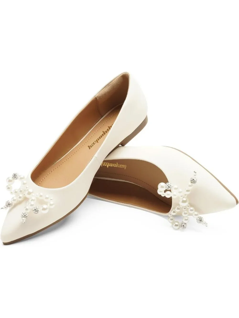 FUNKYMONKEY Women's Pearl White Faux Leather Pointed Toe Slip On Ballet Flats